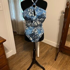 Lauren Ralph Lauren Blue Floral Swimsuit Halter One Piece